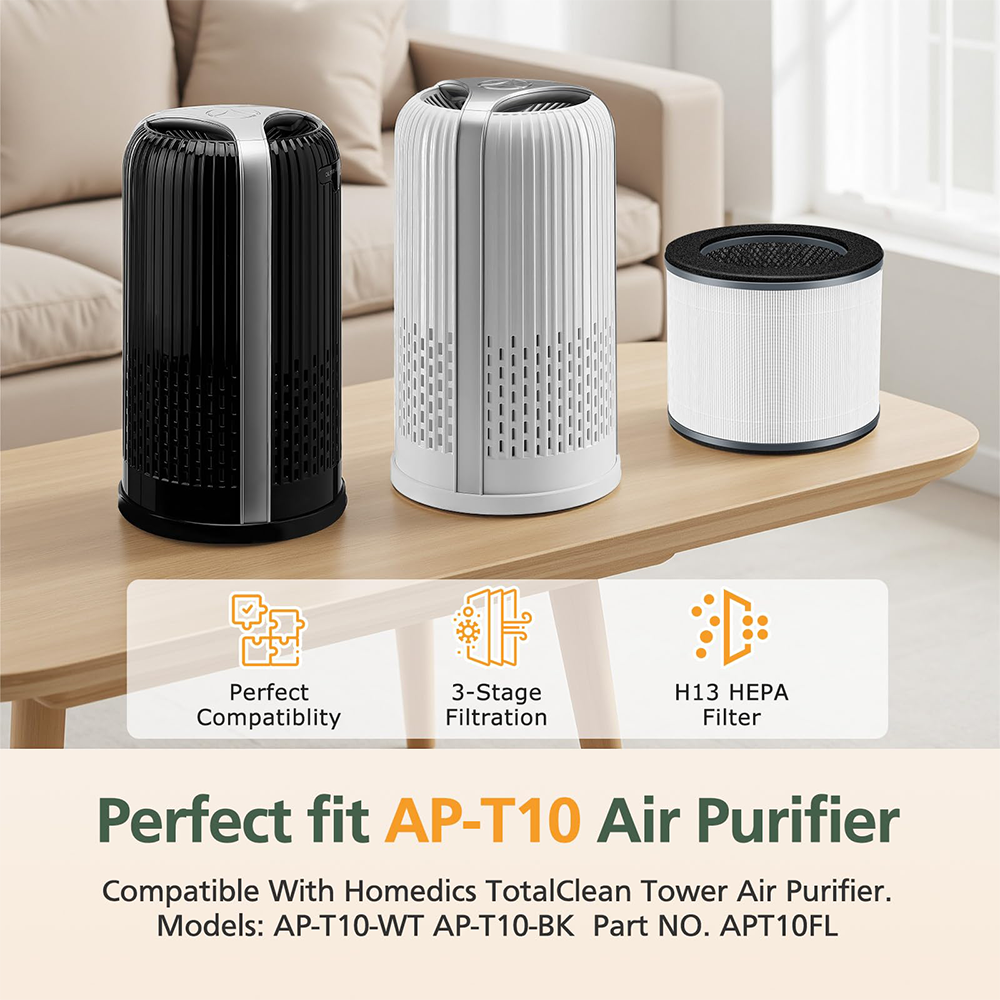 AP-T10FL Replacement Filter for HoMedics AP-T10-BK and AP-T10-WT Air Purifie-r, 360-Degree Efficient AP-T10 Filter